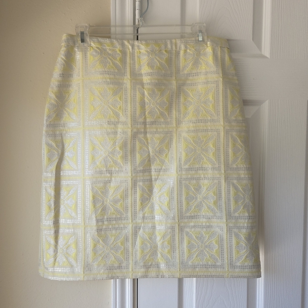 Etcetera Skirt 8 Yellow Floral Pencil Skirt Metallic Tinsel Summer Patchwork